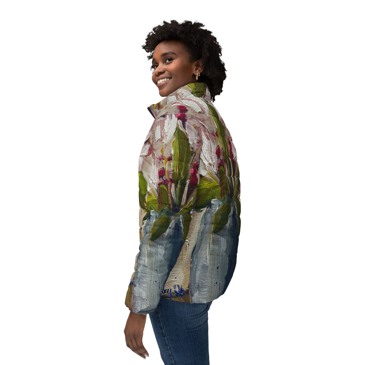 Women's Puffer Jacket - Roxy Rich Fine Art -Tulips on the Table