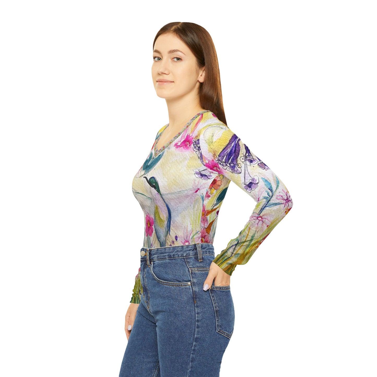 Long Sleeve Shirt- Hummingbird in a Tube Flower Garden- V-neck Women's