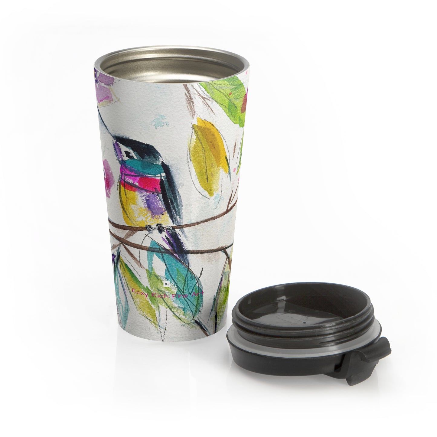 Taza de viaje de acero inoxidable con percha de colibrí