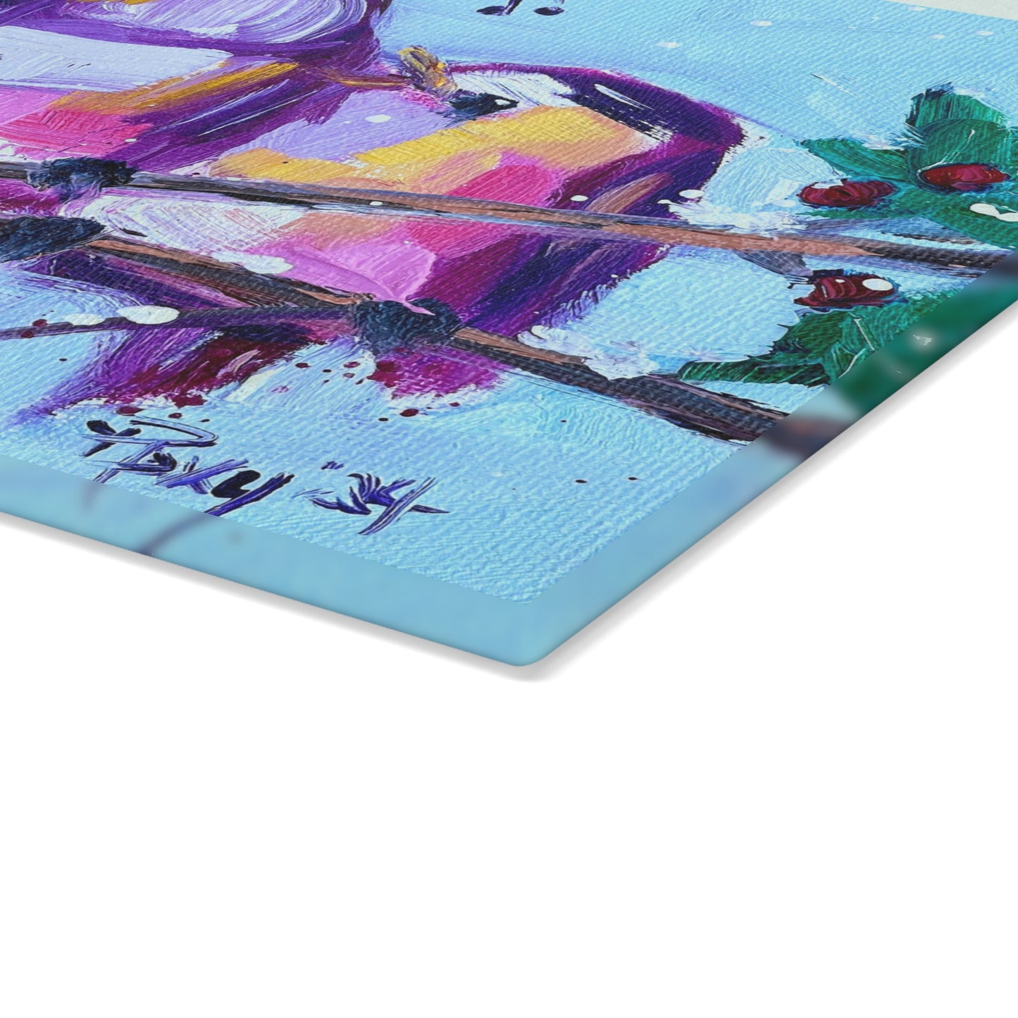 Glass Cutting Board-Fa La La -Whimsical Chirpy Birds Perched on a Snowy Branch with Berries