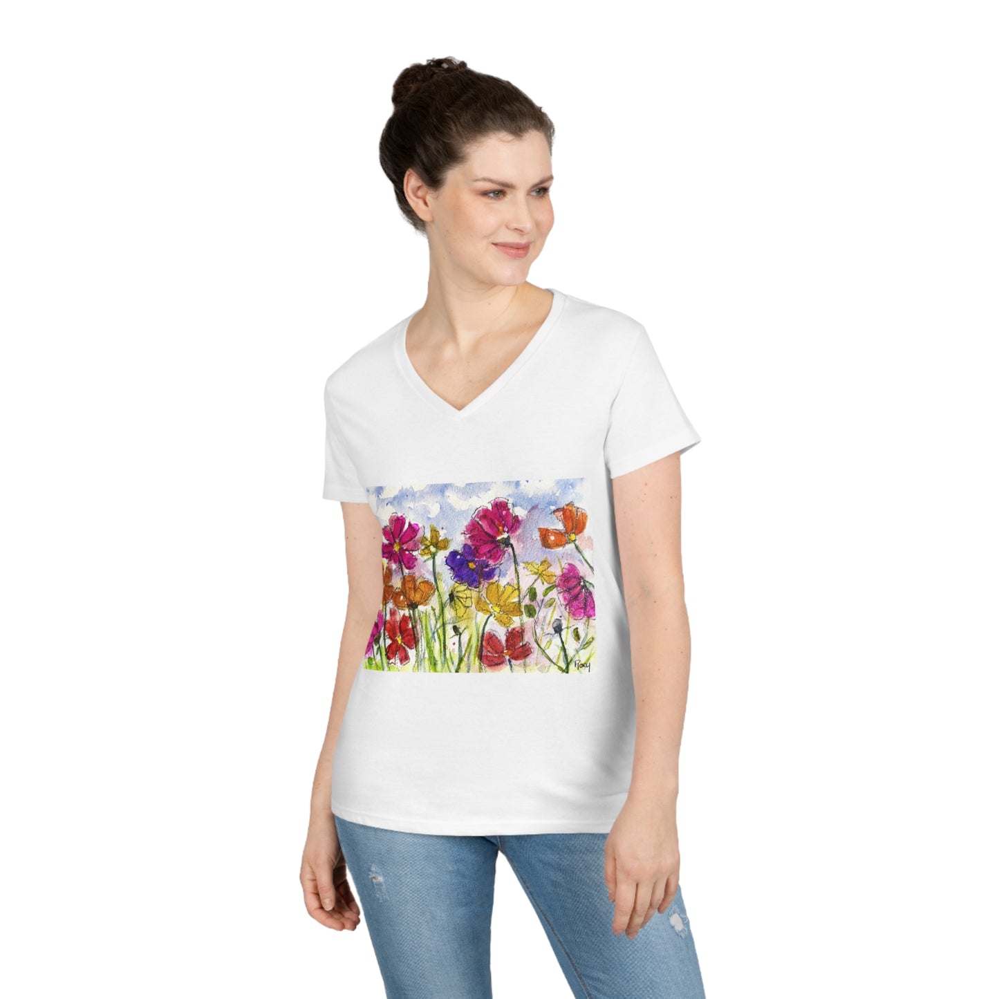 Cosmos Garden T-shirt col V pour femme