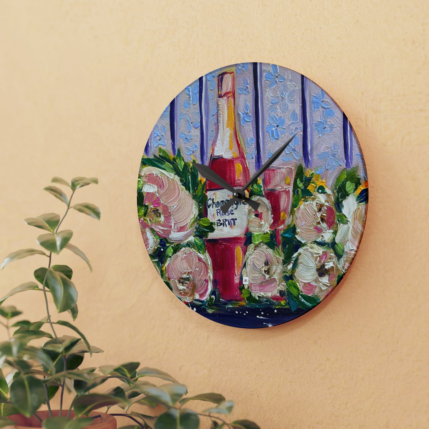 Champán rosa y peonías- Reloj de pared acrílico 