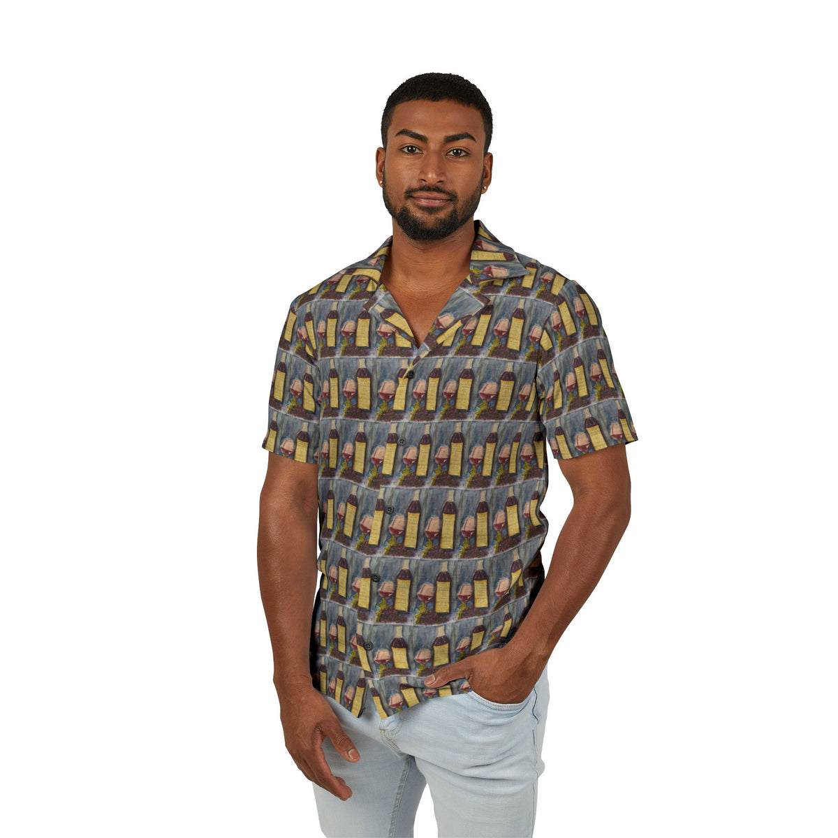 Men's Hawaiian Camp Shirt — GBV Vertunmus Wine and Clique Glass, Day-to-Evening Resort Shirt