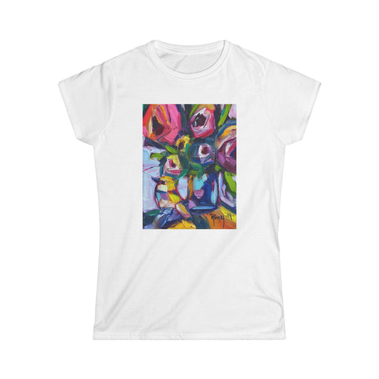 Abstract Roses and Yellow Bird Women's Softstyle  Semi-Fitted Tee