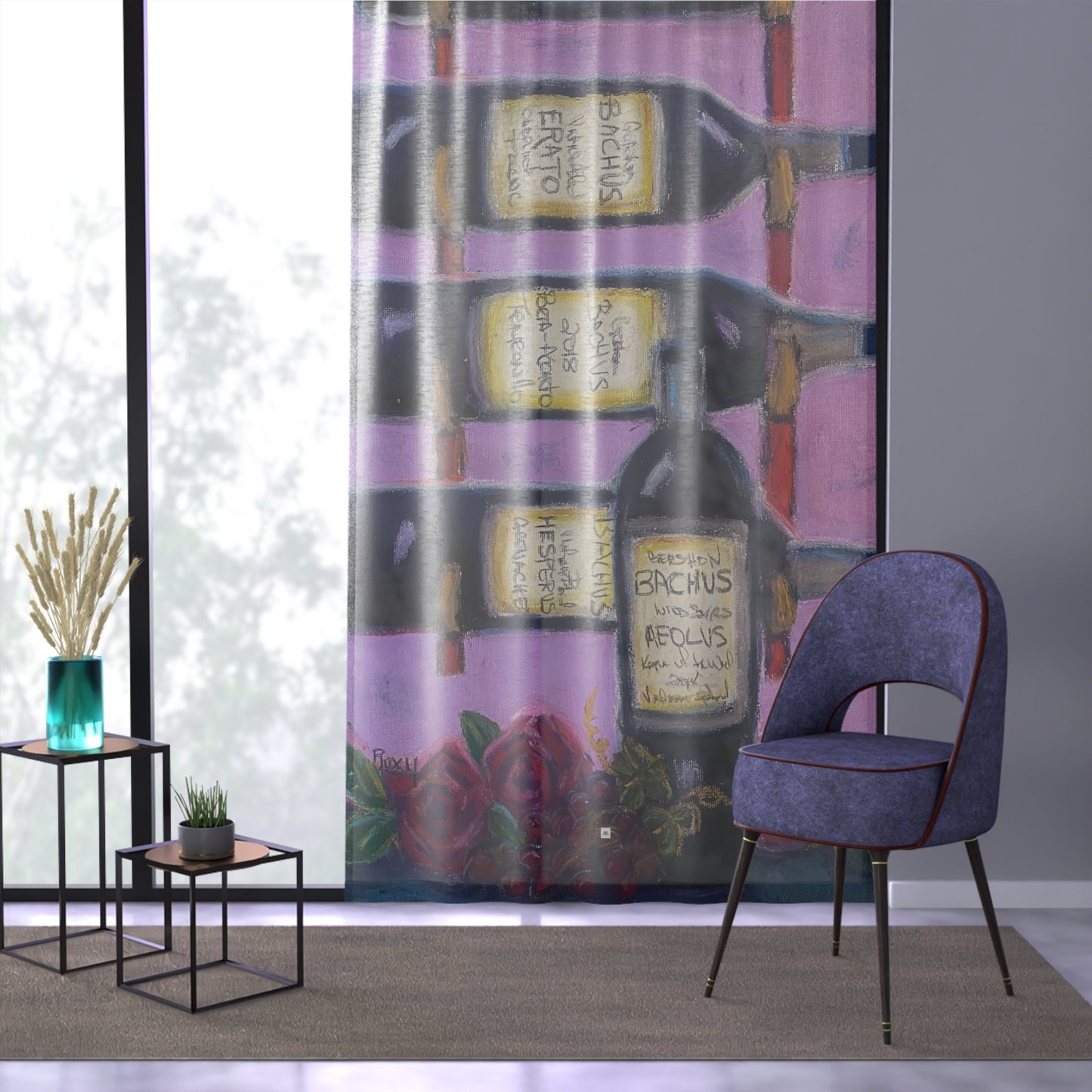 Bachus Reserves GBV Casier à vin et roses sur rideau de fenêtre transparent 213,4 x 127 cm