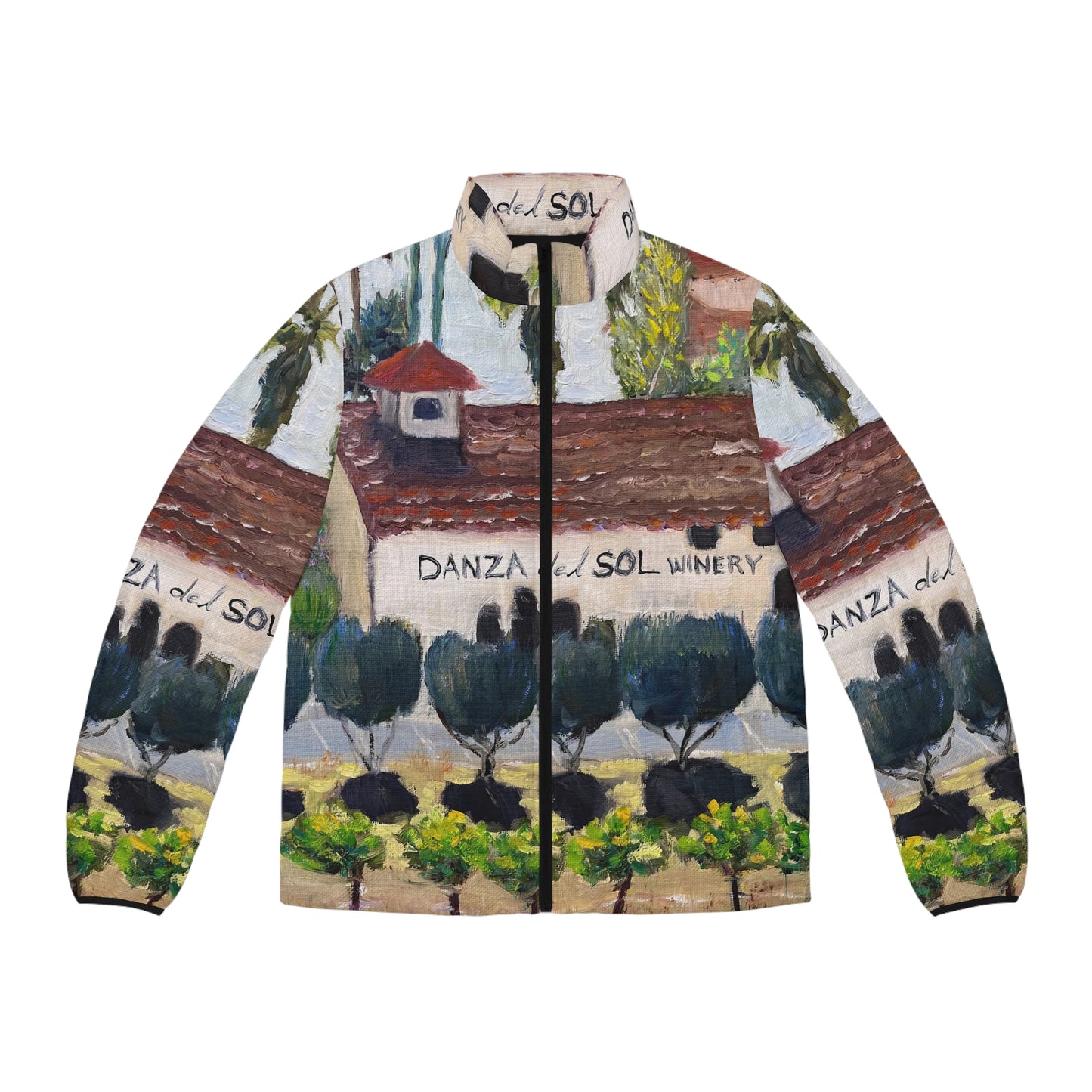 Men's Puffer Jacket - Roxy Rich Art, Unique Bright Colors-Danza Del Sol Winery