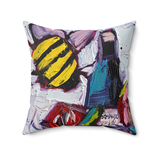 Bee Happy Wine Bee and Roses Indoor Spun Polyester Square Pillow