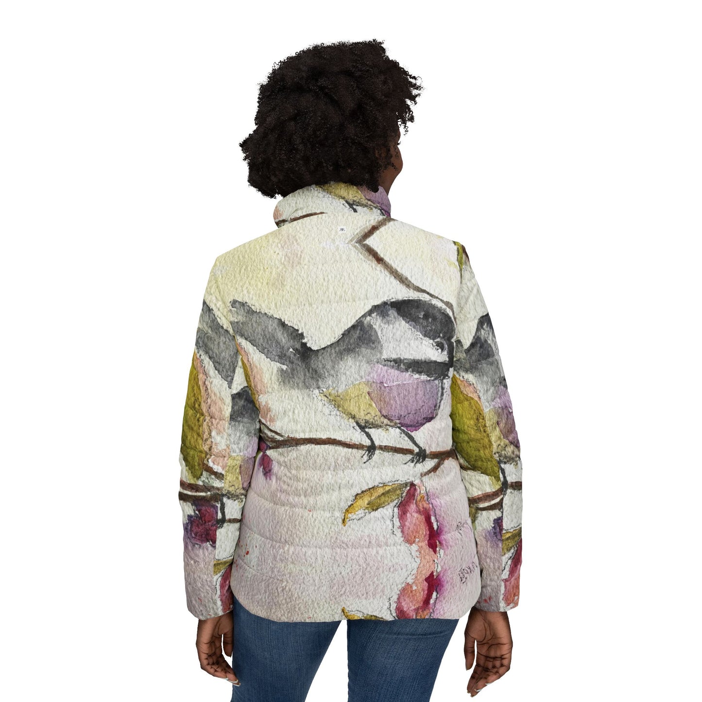 Women's Puffer Jacket - Roxy Rich Fine Art Design-Chickadee in a Berry Tree