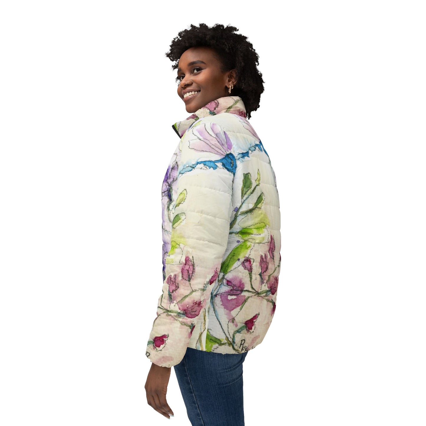 Women's Puffer Jacket - Roxy Rich Fine Art -Blue Dragonfly with Purple Tube Flowers