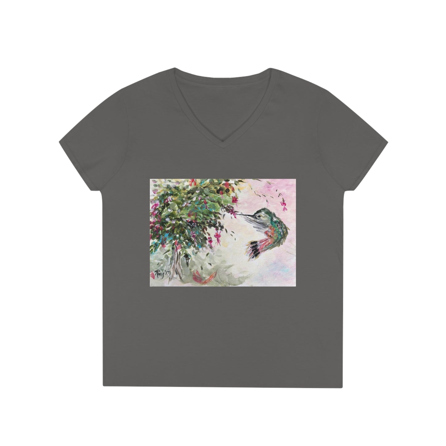 Hummingbird with Fuchsias Ladies' V-Neck T-Shirt