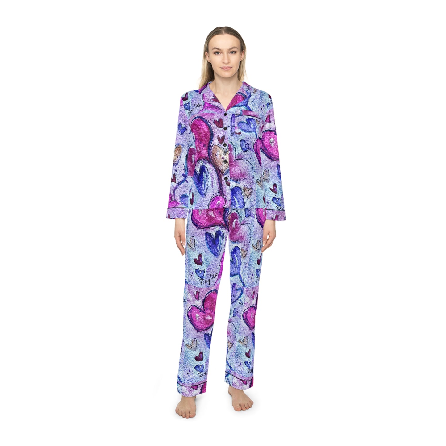 Satin Pajamas — Luxurious Silky Sleepwear Set- Floating Hearts Parade-Valentine Anniversary Wedding