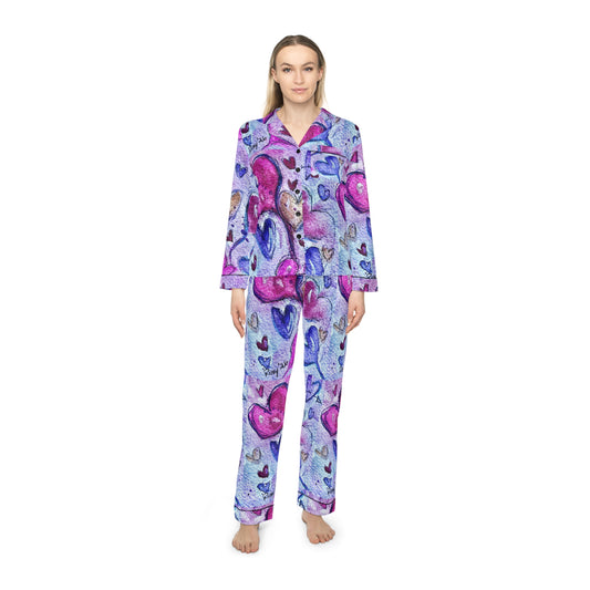Satin Pajamas — Luxurious Silky Sleepwear Set- Floating Hearts Parade-Valentine Anniversary Wedding