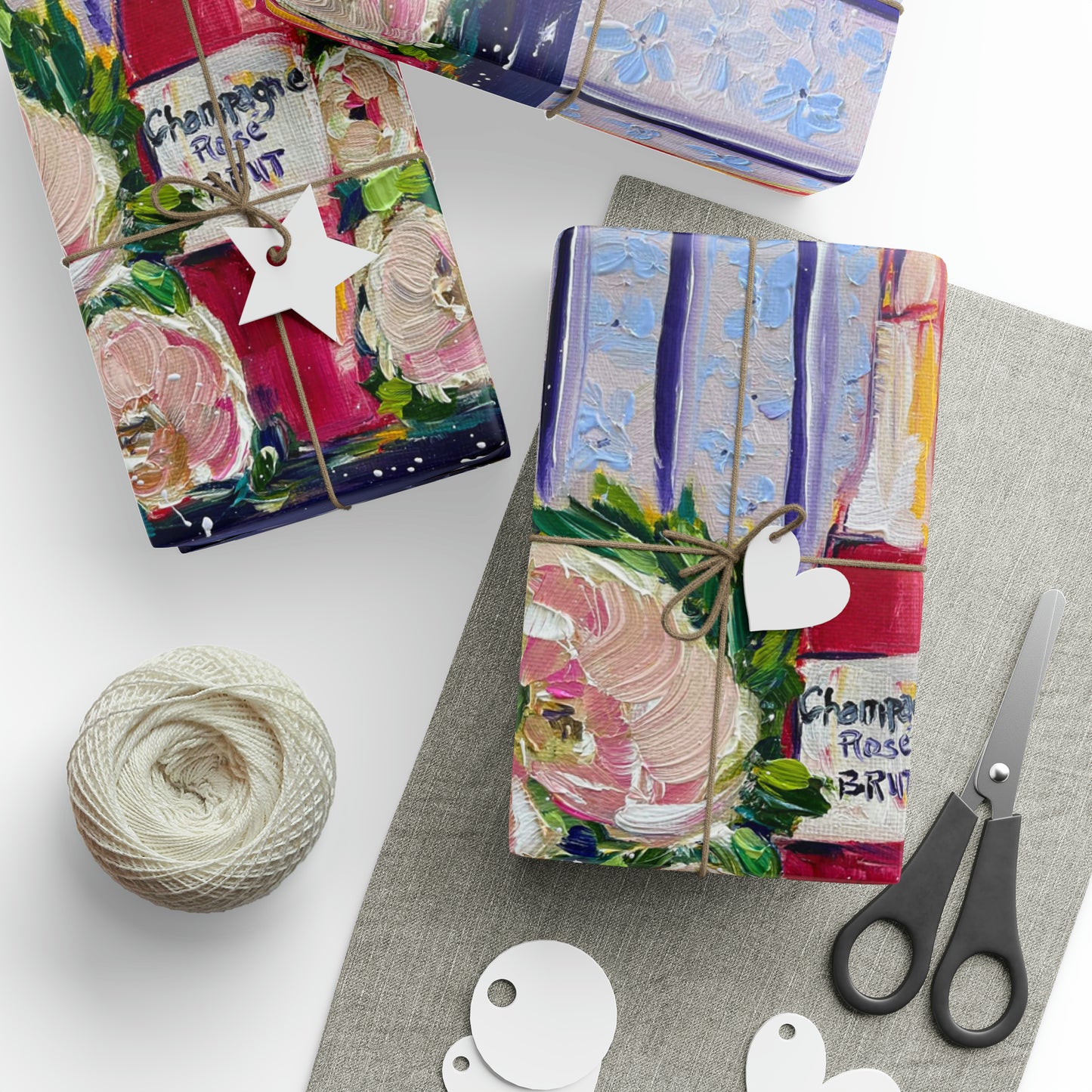 Papiers cadeaux Champagne rose et pivoines (3 tailles)