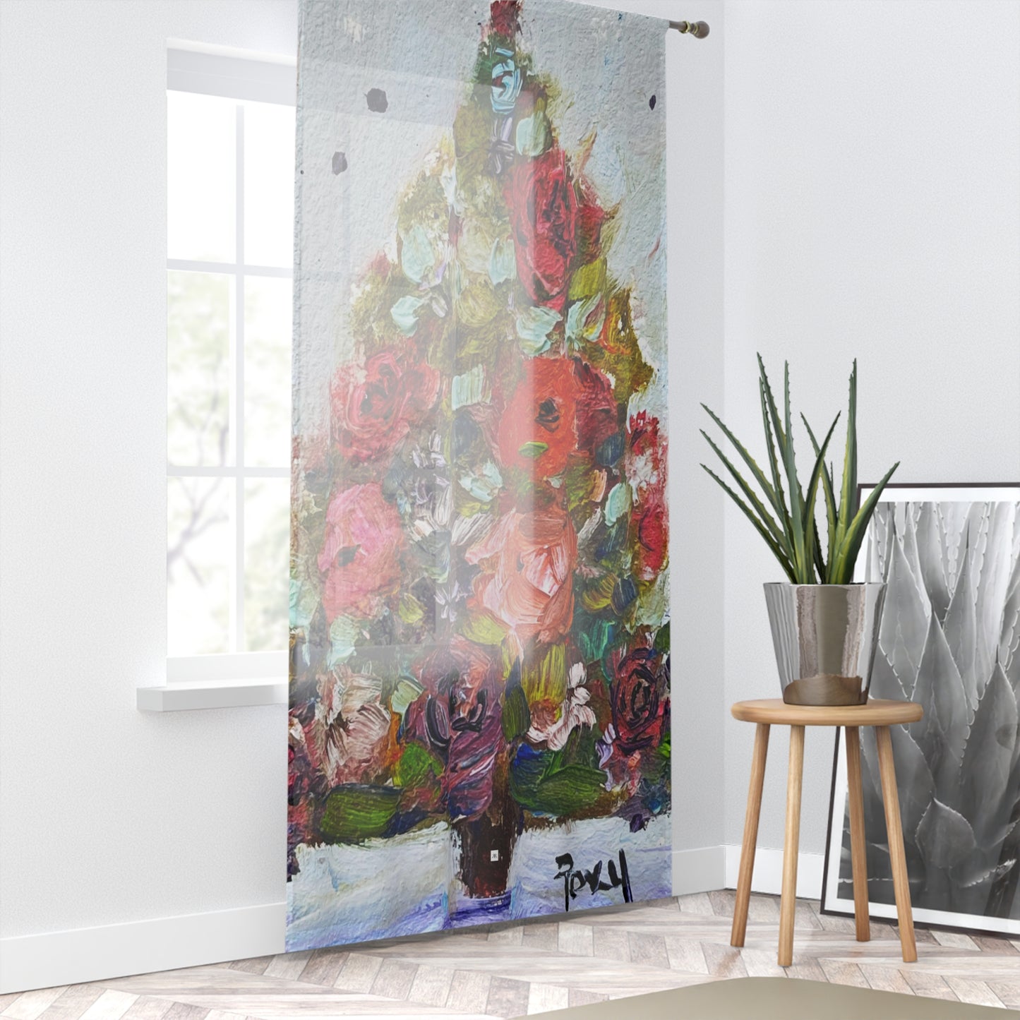 Rideau de fenêtre transparent avec arbres de Noël et roses, 84 x 50 pouces