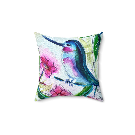 Annas Hummingbird with Pink Blossoms Throw Pillow — Bright Colorful Accent Pillow
