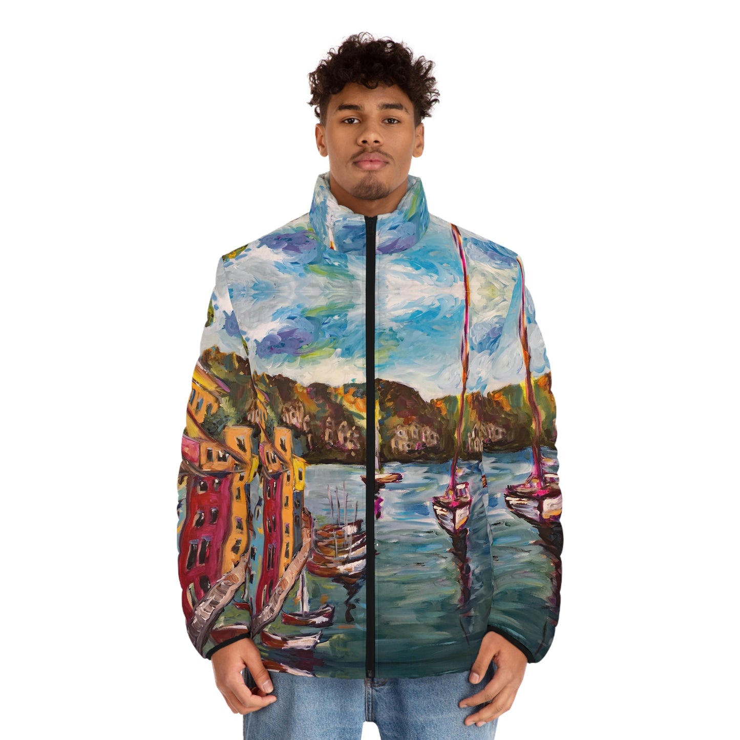 Men's Puffer Jacket - Roxy Rich Art, Unique Bright Colors-Portofino Harbor