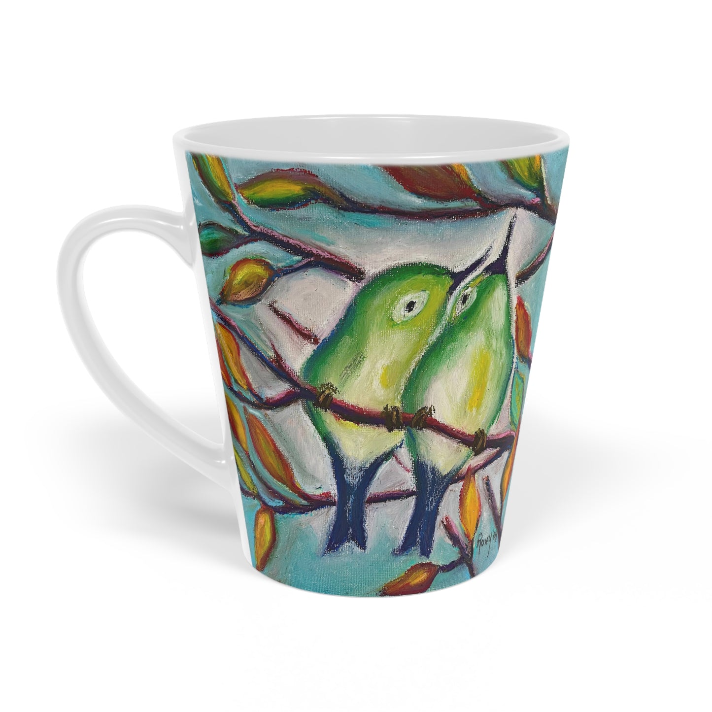 Parulines câlines mignonnes « Toi et moi assis dans un arbre... » Tasse à latte, 12 oz