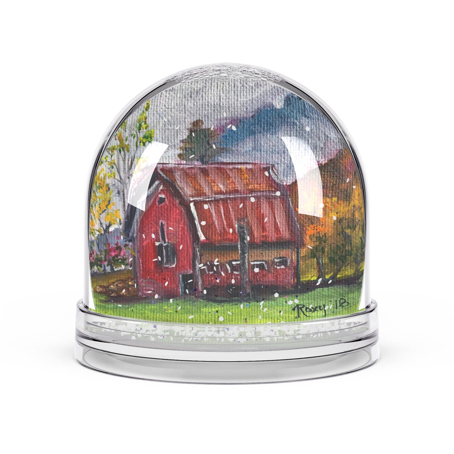 Snow Globe - Misty Morning-Red Barn