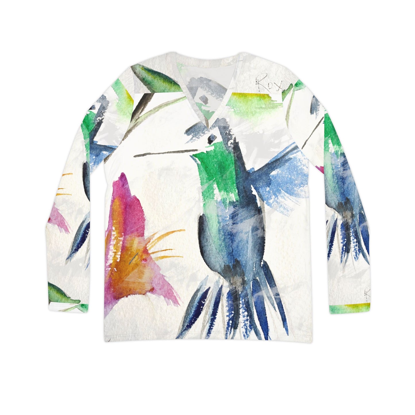 Long Sleeve Shirt-Floaty Blue Hummingbird- V-neck Women's