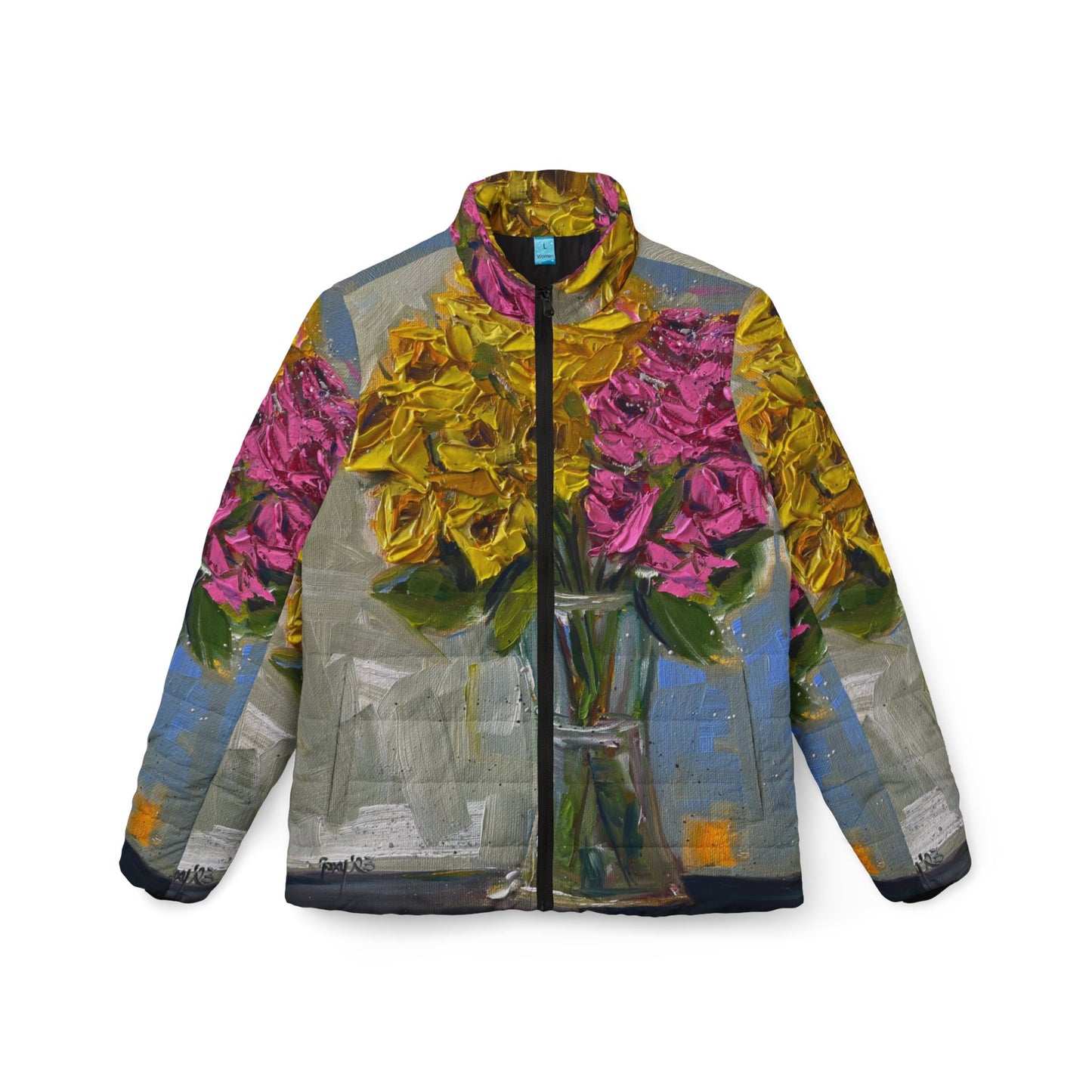 Women's Puffer Jacket - Roxy Rich Fine Art -Pink and Yellow Roses