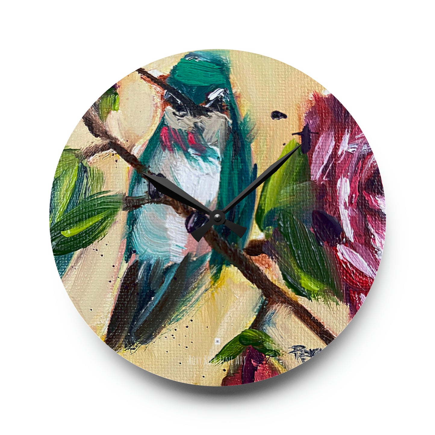 Hummingbird on a Rose Bush Acrylic Wall Clock