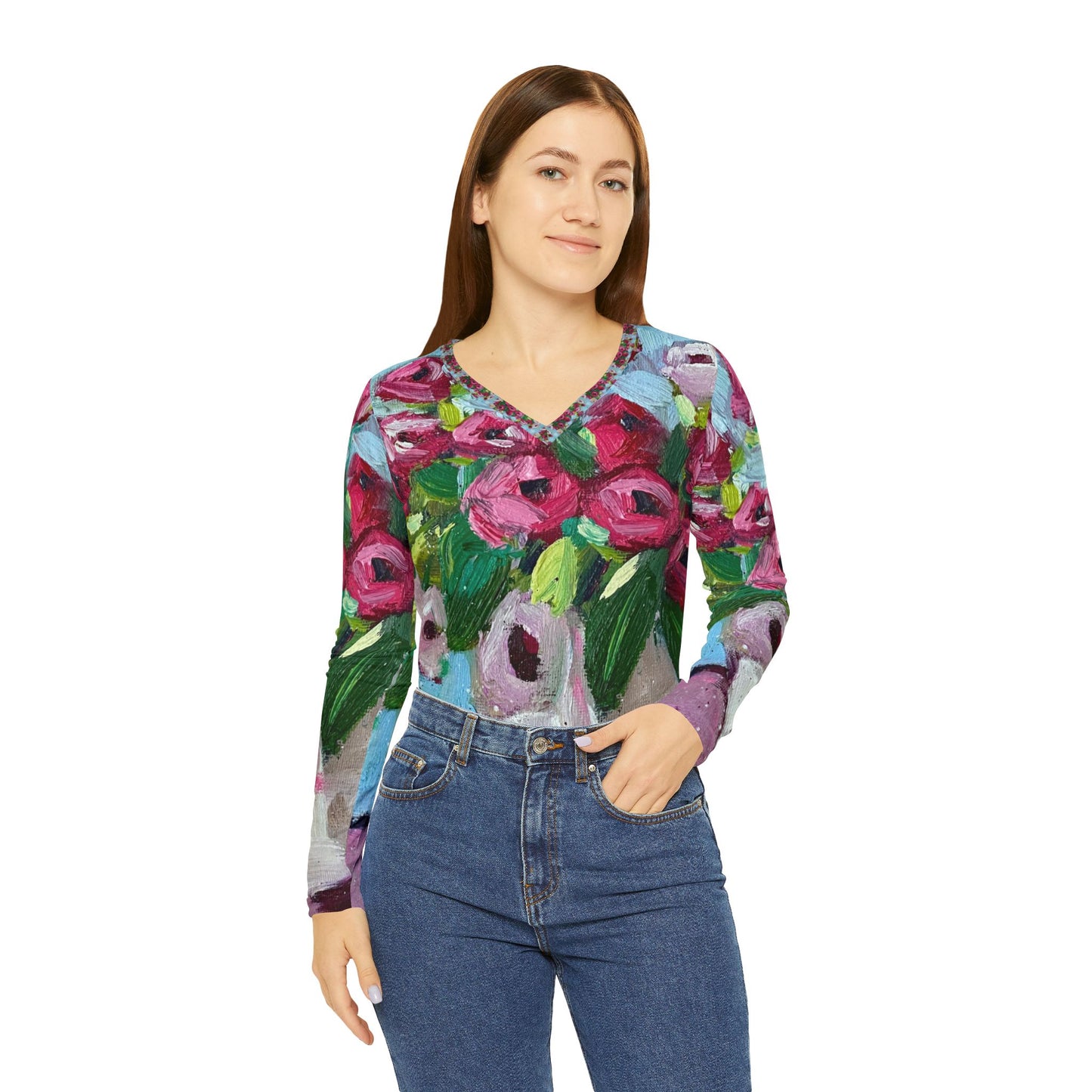 Women's Long Sleeve V-neck Shirt -Blushing Blooms
