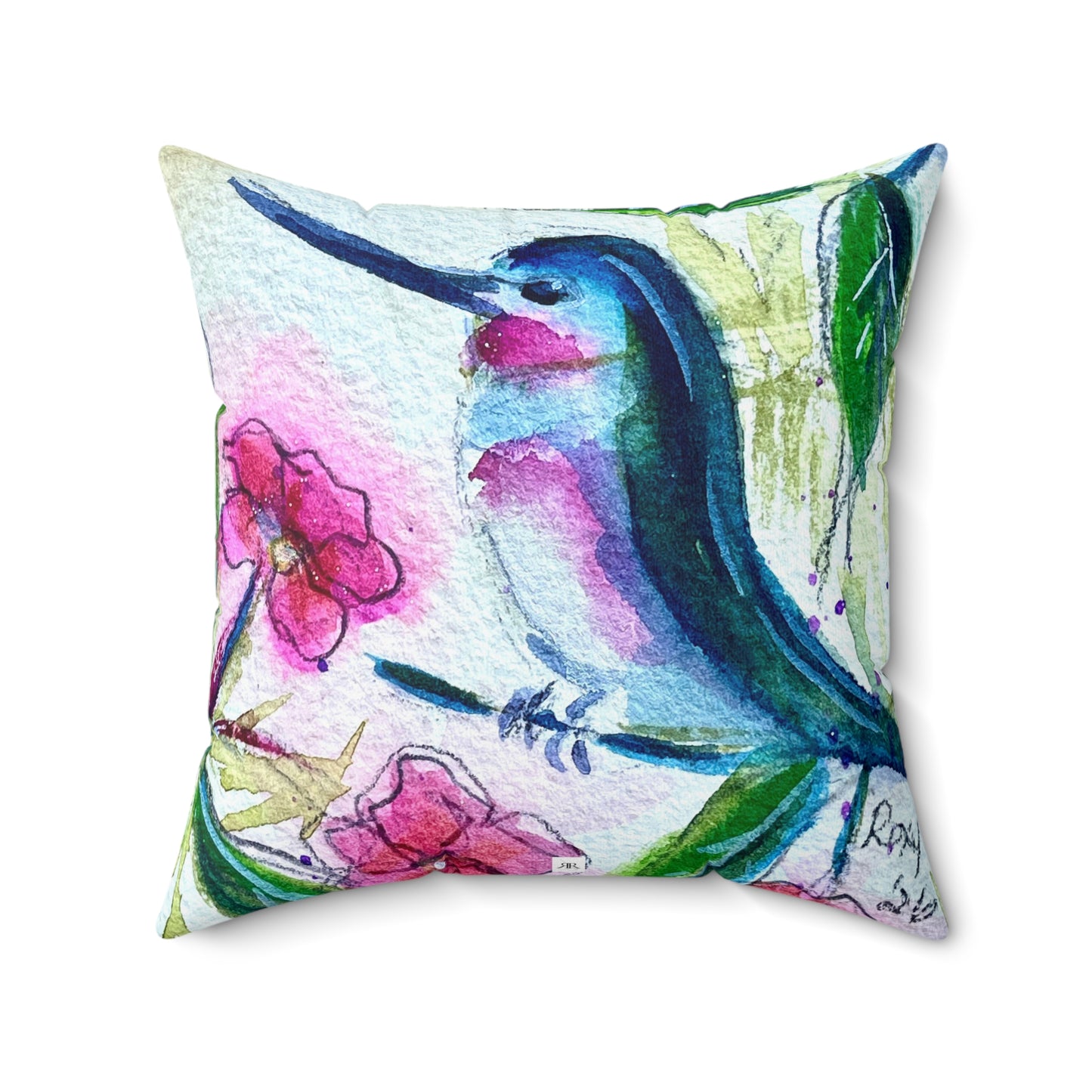 Annas Hummingbird with Pink Blossoms Throw Pillow — Bright Colorful Accent Pillow