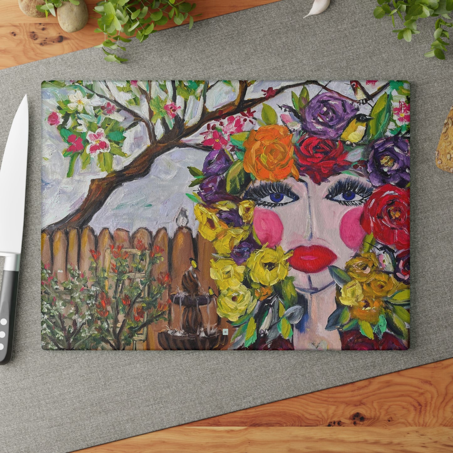 Birds and Blossoms Glass Cutting Board