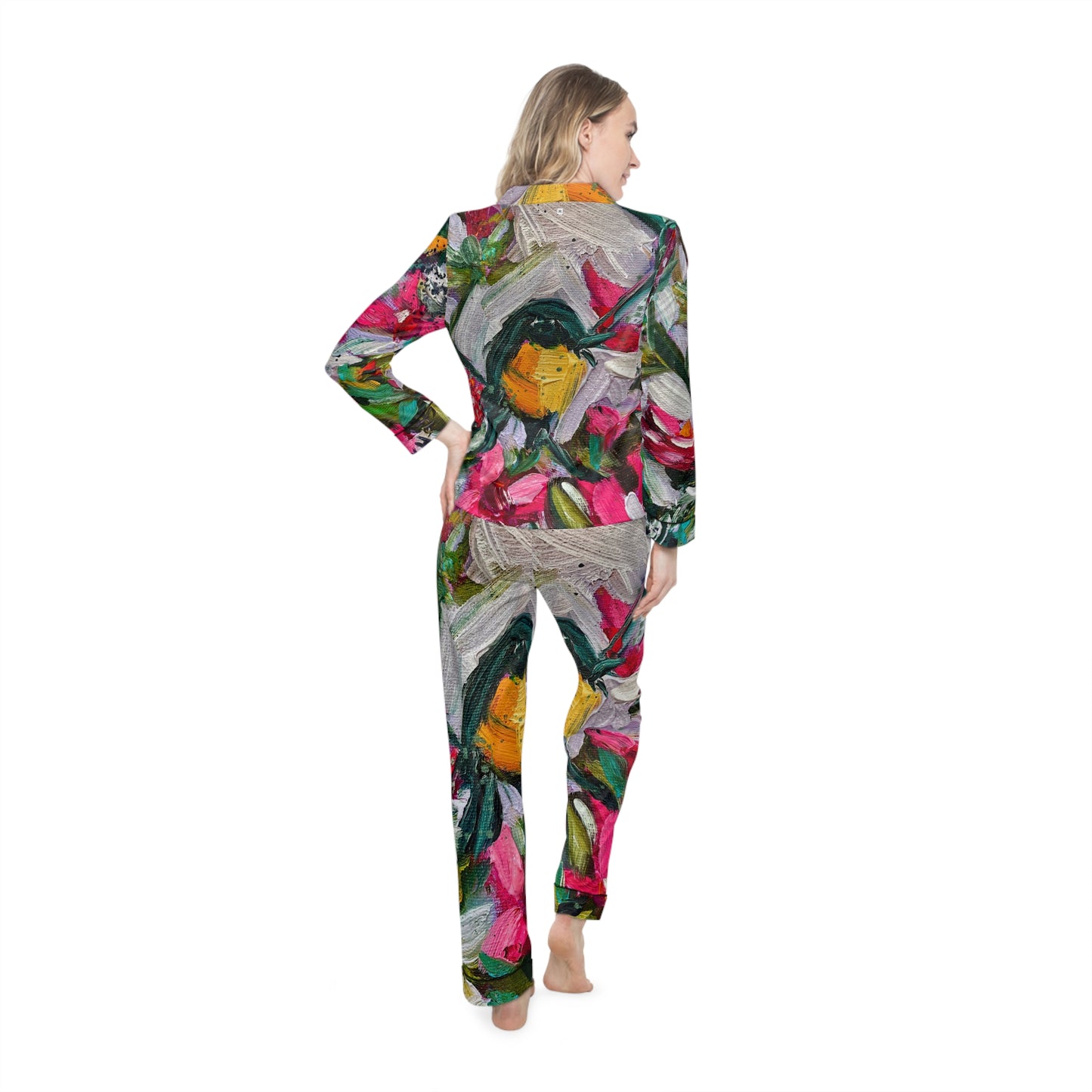 Satin Pajamas - Colorful Encounter Bird and Floral Print