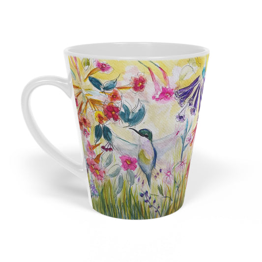 Taza de café con leche de jardín de flores de colibrí en un tubo, 12 oz