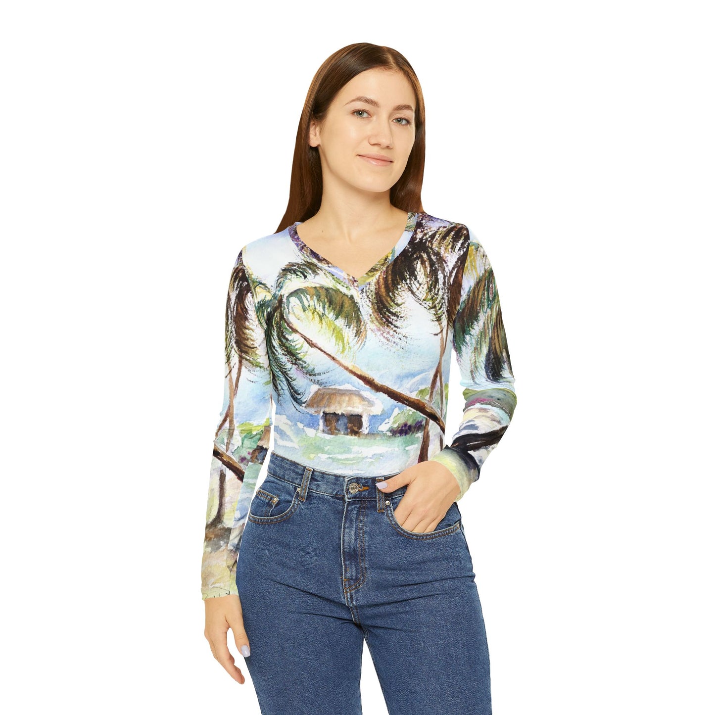 Long Sleeve Shirt-Hawaii Awaits Palm Trees V-neck Women's