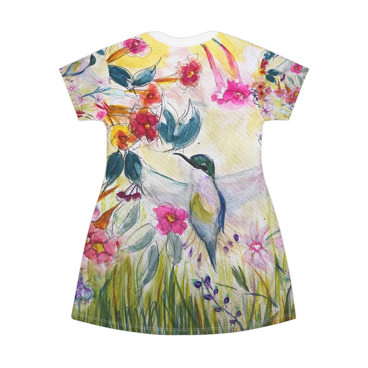 T-Shirt Dress -Hummingbird in a Tube Flower Garden