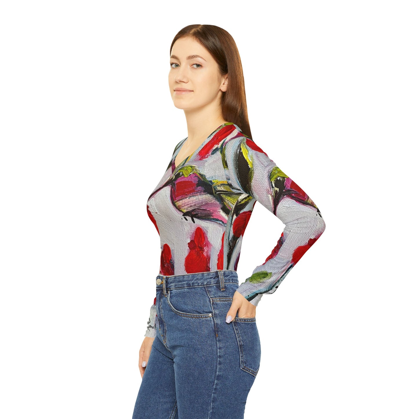 Long Sleeve Shirt-Hot lips Hummingbird- V-neck Women's