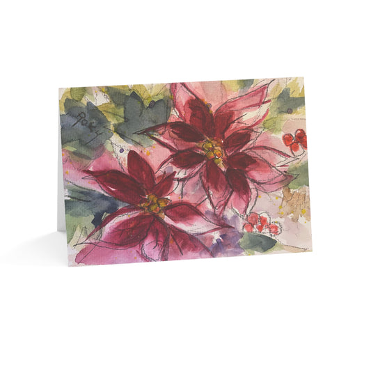 Red Poinsettias Greeting Cards with "Merriest Wishes.."