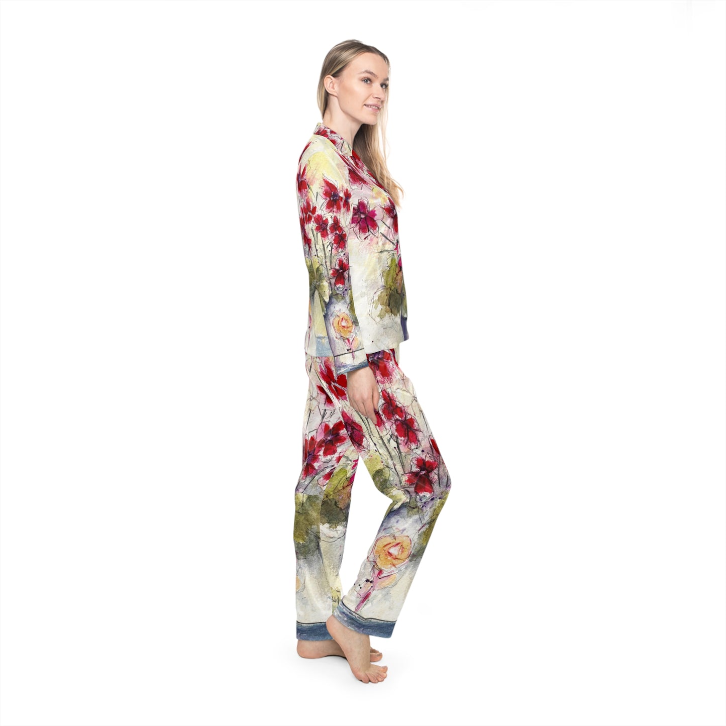 Satin Pajama Set — Valentine's & Mother's Day Floral Sleepwear-Red Ivy Geraniums