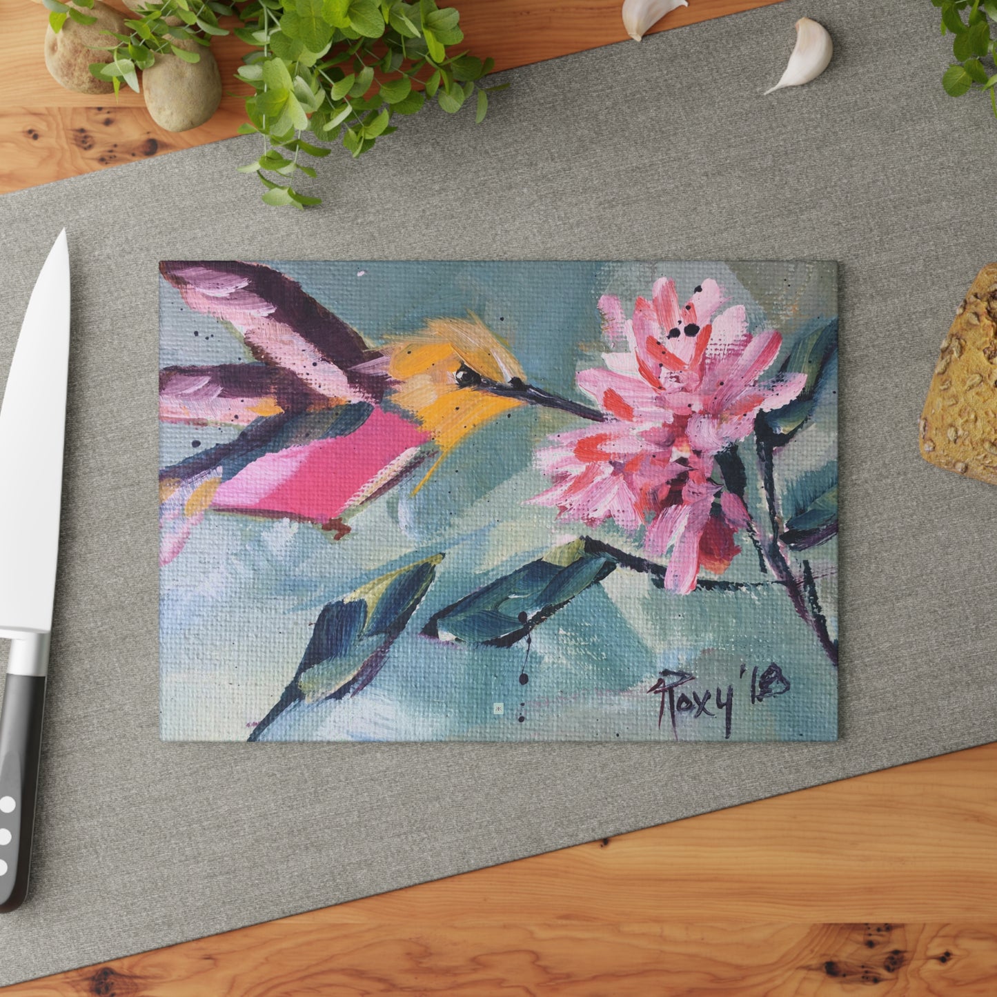 Pink Hummingbird Glass Cutting Board