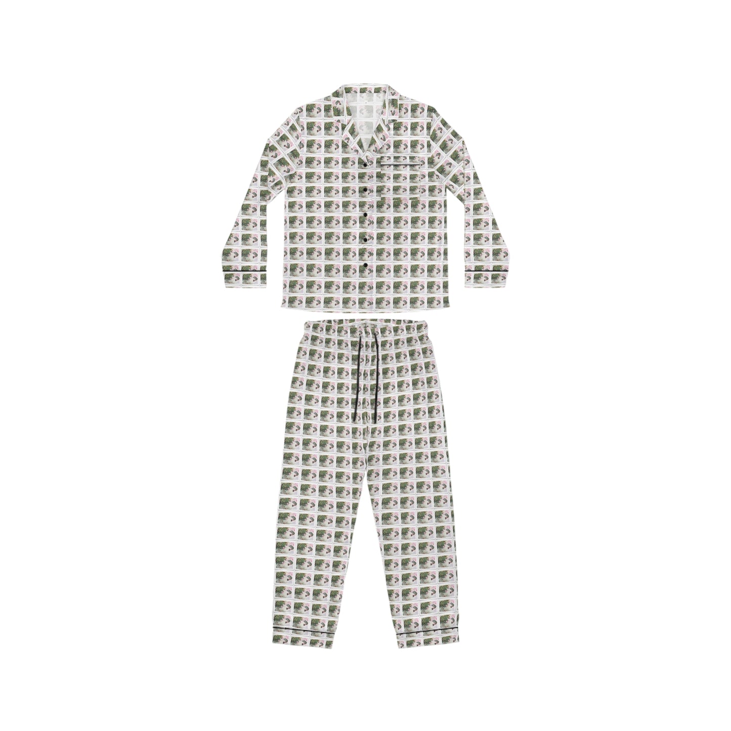 Satin Pajamas — Luxurious Silky Sleepwear Set-Hummingbird with Fuchsias