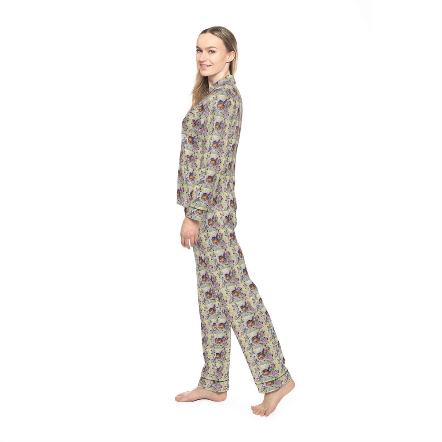 Women's Satin Pajamas — Luxurious All-Over Print Sleepwear-Robin in Cherry Blossoms