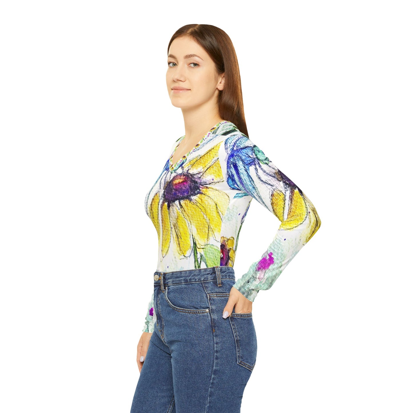 Long Sleeve Shirt- Dragonfly on a Cone Flower- V-neck Women's