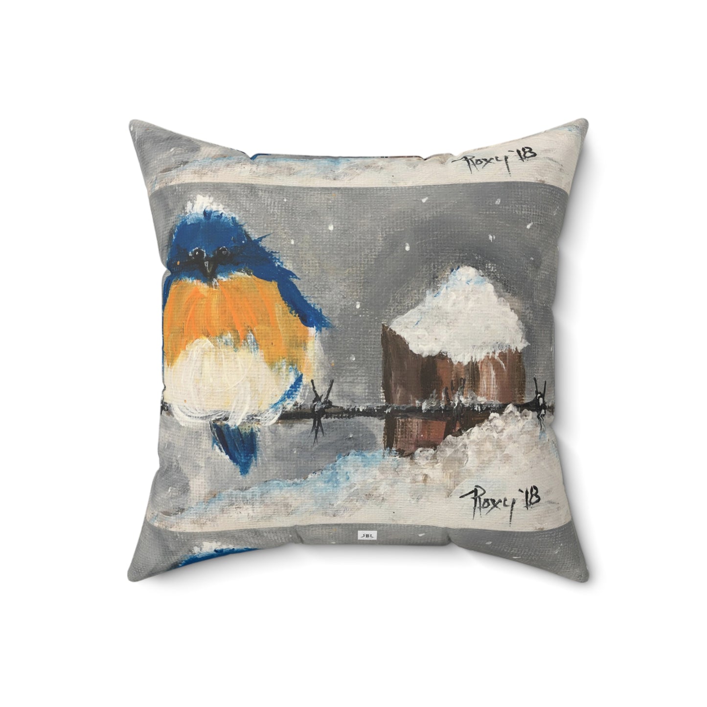 Fat Fluffy Bluebird perched on Snowy Barbed Wire Indoor Spun Polyester Square Pillow