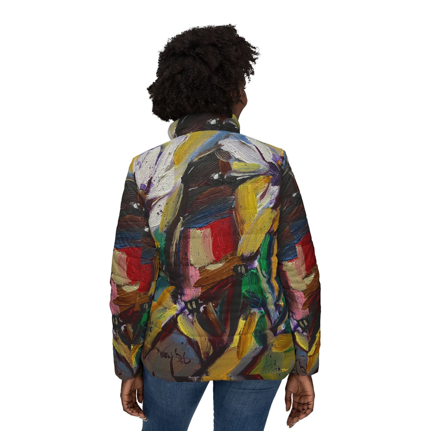 Women's Puffer Jacket - Roxy Rich Fine Art Design-Stained Glass House Finch