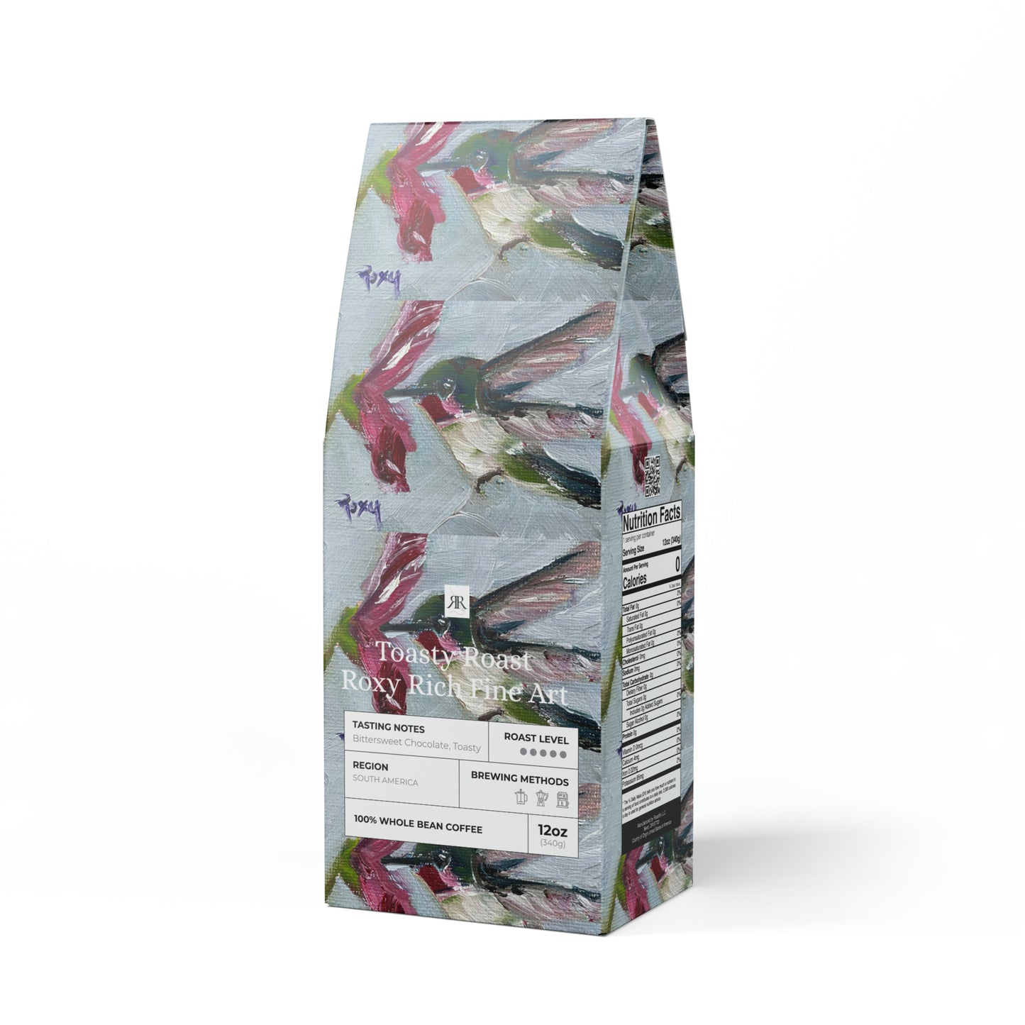 Mini Hummingbird with Pink Flower- Toasty Roast Coffee 12.0z Bag