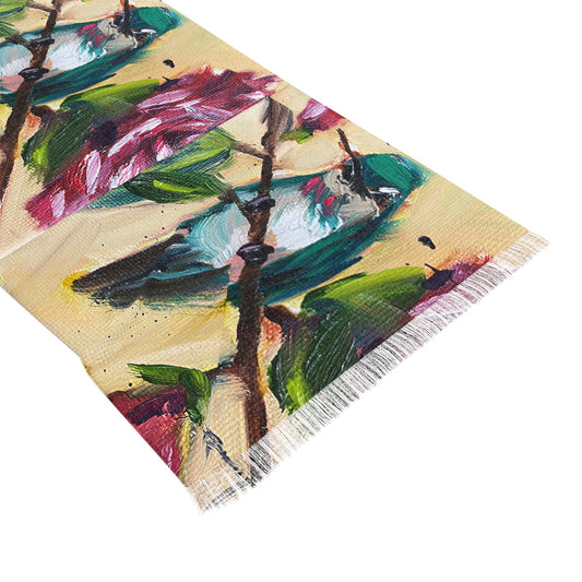 Colorful Scarf — Artistic Lightweight Neck Wrap- Hummingbird on a Rose Bush