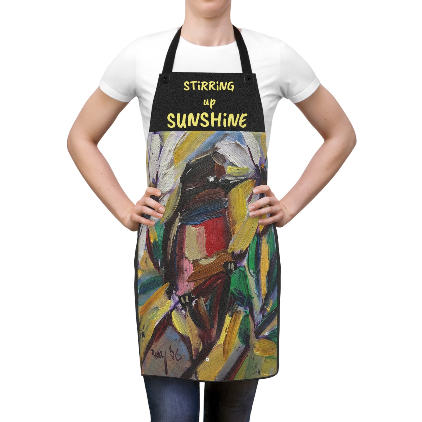 "Stirring up Sunshine" House Finch Art Apron – Vibrant Painterly Kitchen Decor