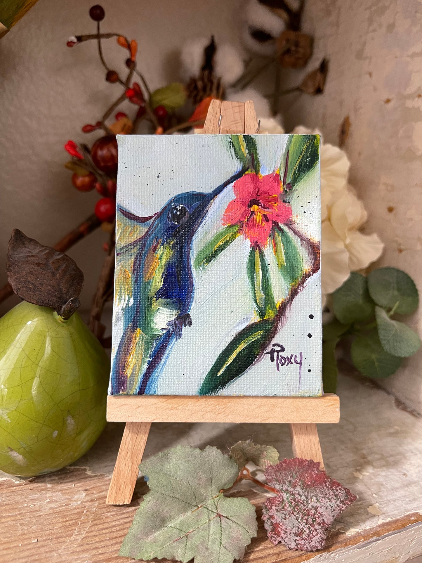 Little Blue Hummingbird -Original Miniature Hummingbird Oil Painting with Stand