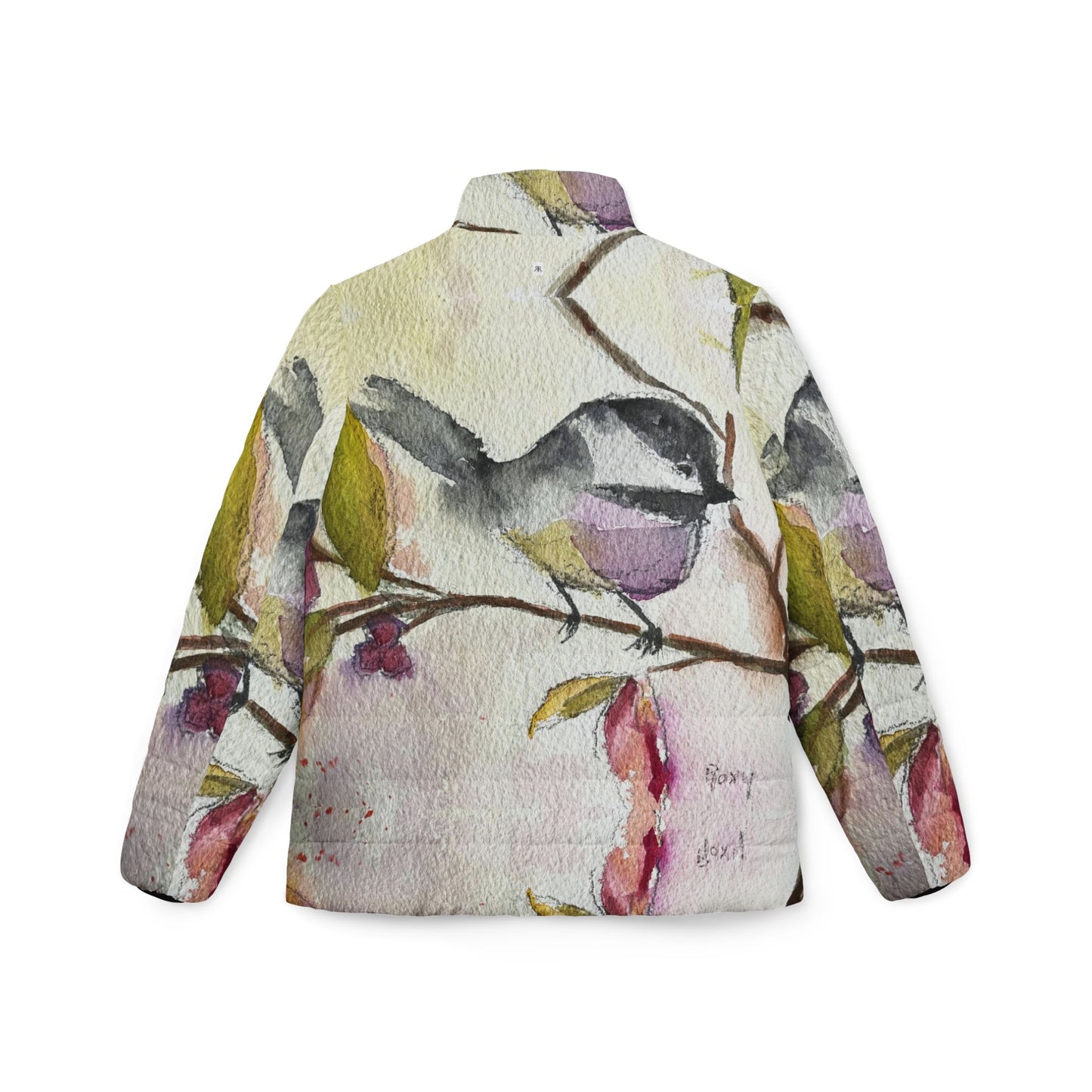 Women's Puffer Jacket - Roxy Rich Fine Art Design-Chickadee in a Berry Tree
