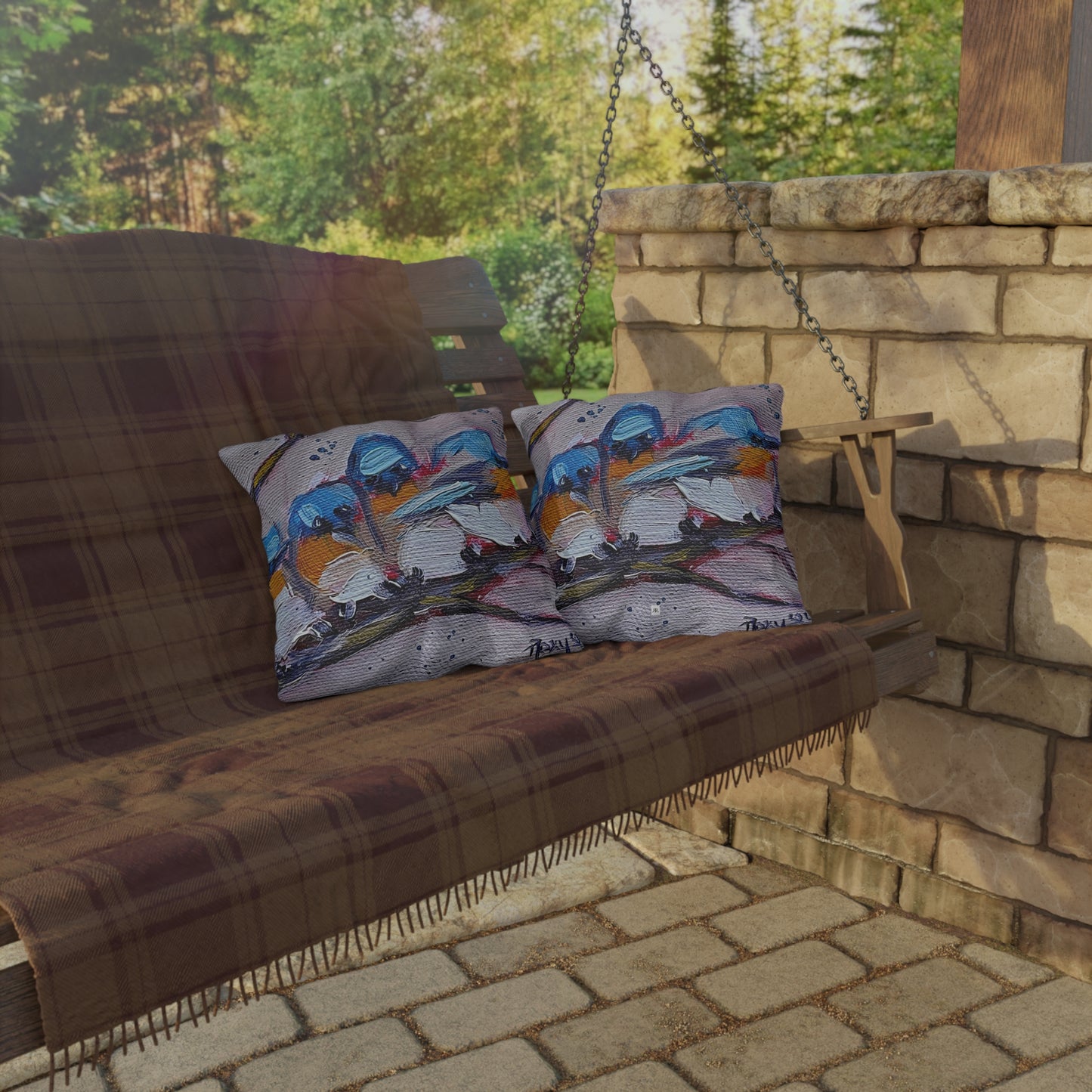 Cuddling Bluebirds Outdoor Pillows