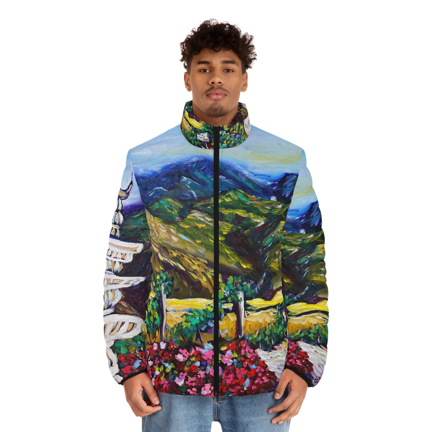 Men's Puffer Jacket - Roxy Rich Art, Unique Bright Colors-Fountain Vista at GBV