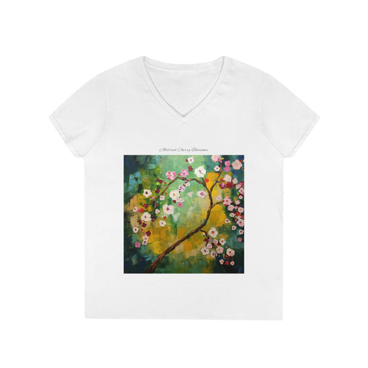 Camiseta con cuello en V para mujer Flores de cerezo abstractas