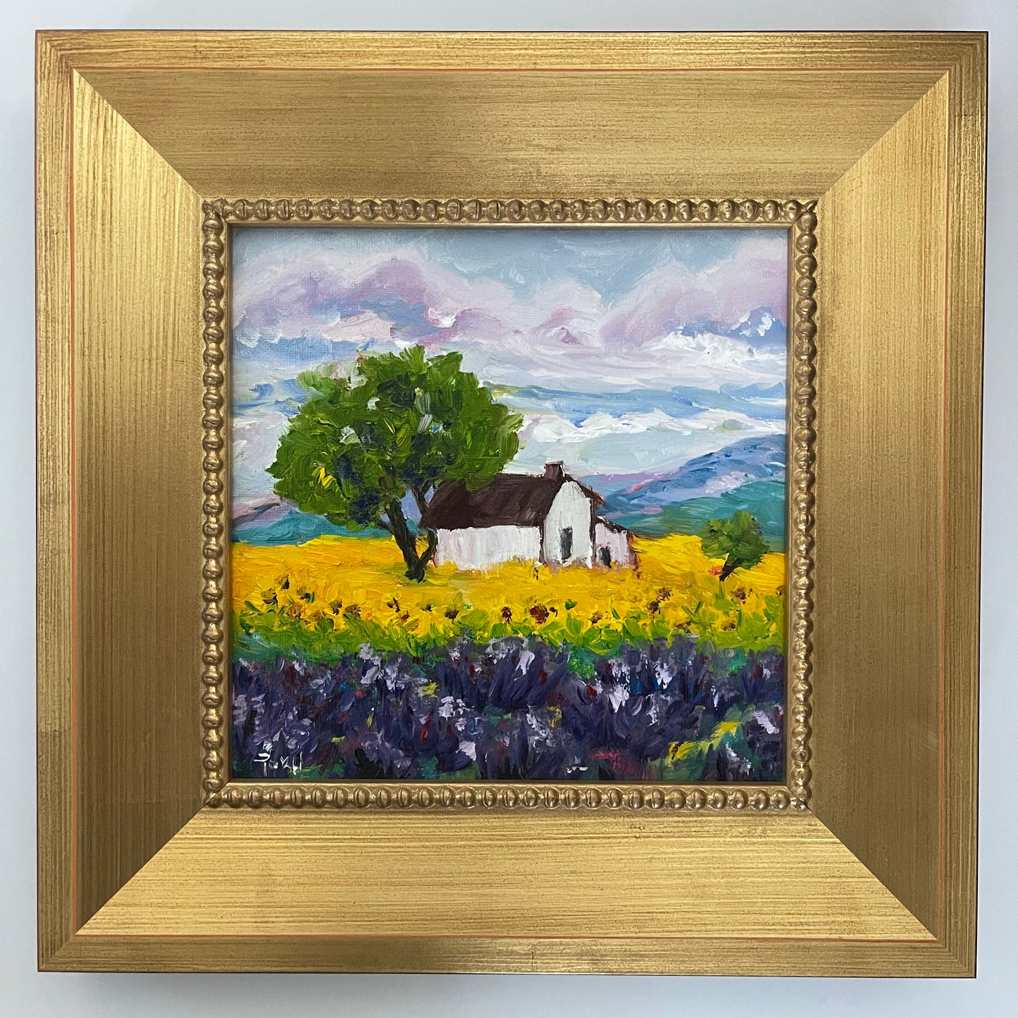 Sunflowers and Lavender Original Oil Painting 8 x 8 Framed